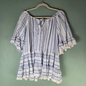 Cato Womens Peasant Top Linen Blue Stripe Ruffle Bell Coastal Nautical 22/24W